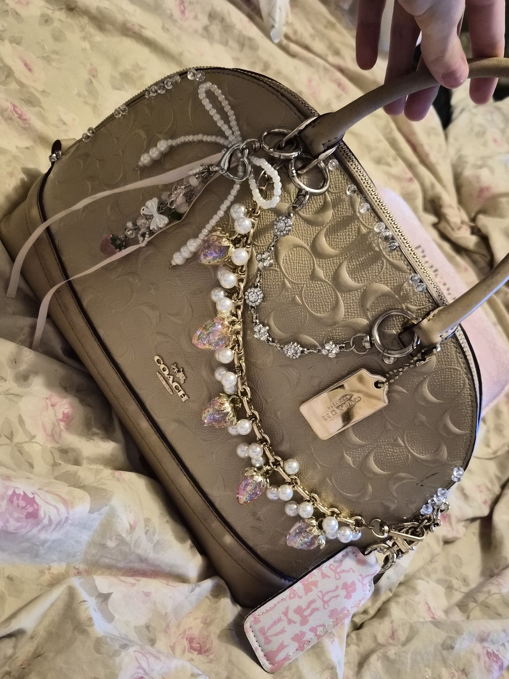 Beige Embossed Coach Purse with Pearl & Crystal Charm Chains